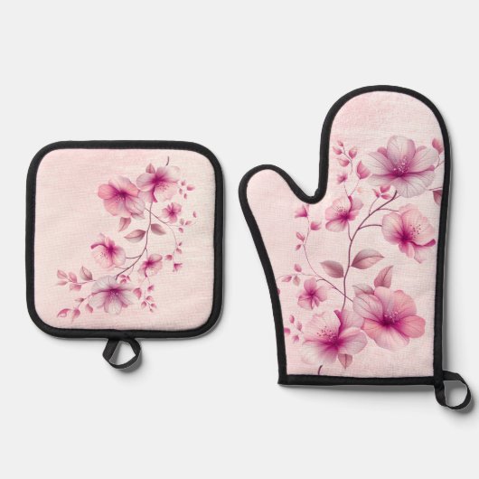 Waterverf Roze bloemen Ovenwant & Pannenlap Set (Voorkant)