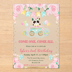 Waterverf Roze Bloemen Panda Kids Verjaardag Acryl Uitnodigingen