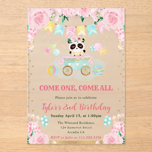 Waterverf Roze Bloemen Panda Kids Verjaardag Acryl Uitnodigingen (Voorkant)