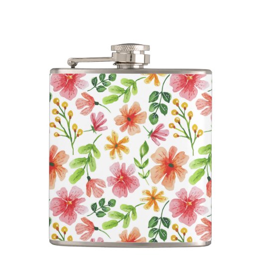 Waterverf Roze Bloemen Patroon Heupfles (Voorkant)