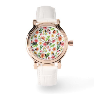 Waterverf Roze Bloemen Patroon Horloge
