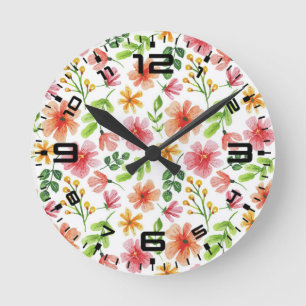 Waterverf Roze Bloemen Patroon Ronde Klok