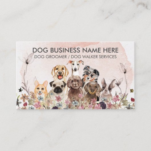 Waterverf Roze Bloemen Pet Sitter Walker honden Visitekaartje (Voorkant)