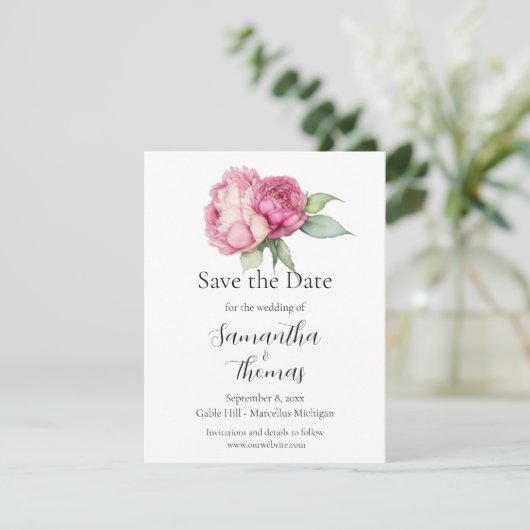 Waterverf Roze Bloemen pioen rozen Bewaar de datum Save The Date (Staand voorkant)