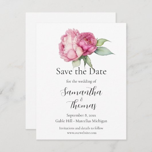 Waterverf Roze Bloemen pioen rozen Bewaar de datum Save The Date (Voorkant / Achterkant)
