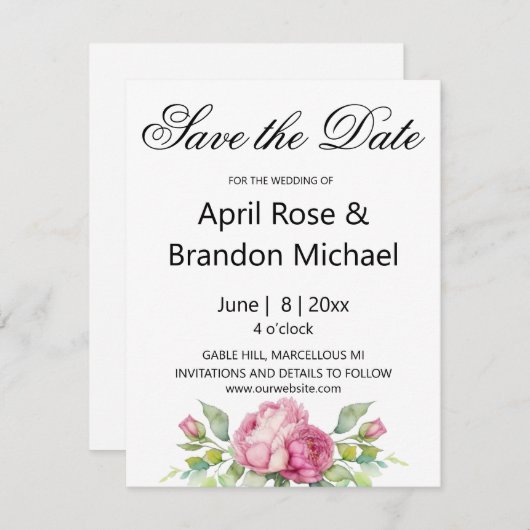 Waterverf roze bloemen pioen rozen SAVE THE DATE (Voorkant / Achterkant)