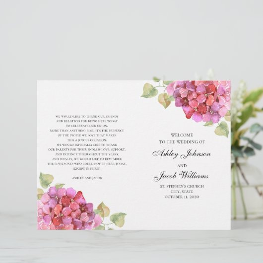 Waterverf roze bloemen programma. Floral bruiloft (Staand voorkant)