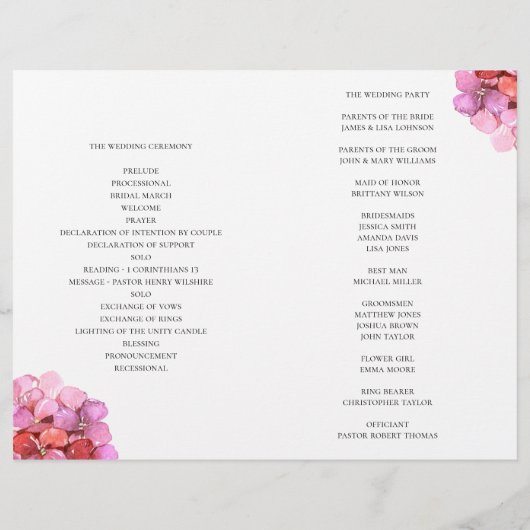 Waterverf roze bloemen programma. Floral bruiloft (Achterkant)