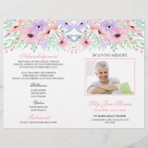 Waterverf roze bloemen - Programma van de begrafen Flyer