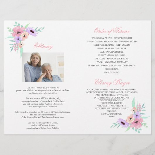 Waterverf roze bloemen - Programma van de begrafen Flyer (Achterkant)