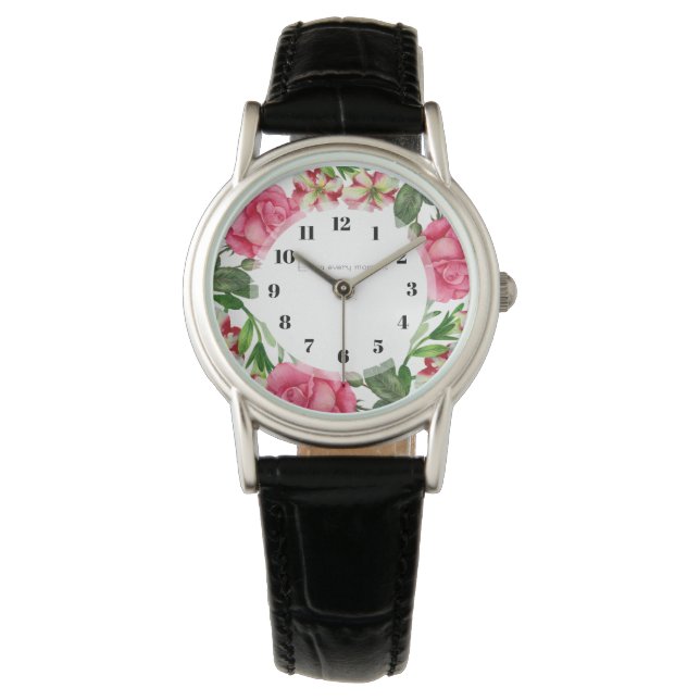 Waterverf Roze bloemen - Ronde cirkel Horloge (Voorkant)