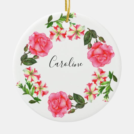 Waterverf Roze bloemen - Ronde cirkel Keramisch Ornament (Voorkant)