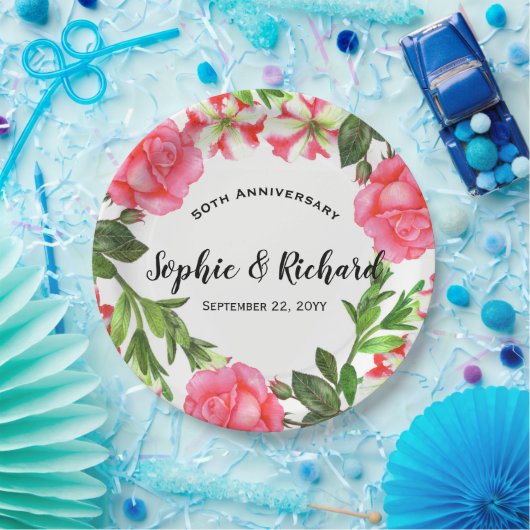 Waterverf Roze bloemen - Ronde cirkel Papieren Bordje (Feest)