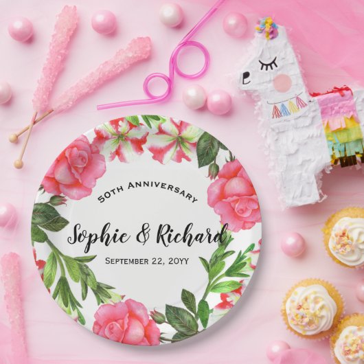 Waterverf Roze bloemen - Ronde cirkel Papieren Bordje (Feest)