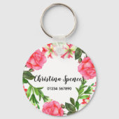 Waterverf Roze bloemen - Ronde cirkel Sleutelhanger (Voorkant)