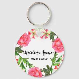 Waterverf Roze bloemen - Ronde cirkel Sleutelhanger