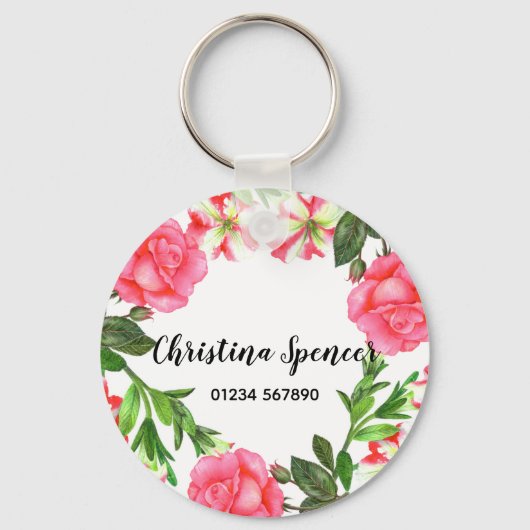 Waterverf Roze bloemen - Ronde cirkel Sleutelhanger (Voorkant)