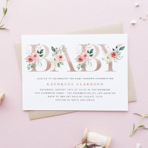 Waterverf Roze Bloemen Roos Goud Baby shower Kaart