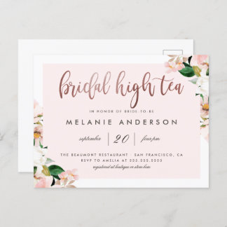 Waterverf Roze Bloemen Roos Goud Bruids High Tea Uitnodiging Briefkaart