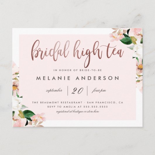 Waterverf Roze Bloemen Roos Goud Bruids High Tea Uitnodiging Briefkaart (Voorkant)