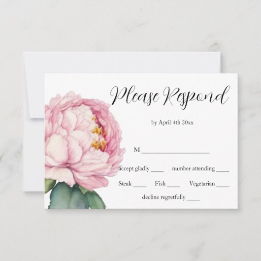 Waterverf roze bloemen roze pioenen rozen bruiloft RSVP kaartje (Voorkant)