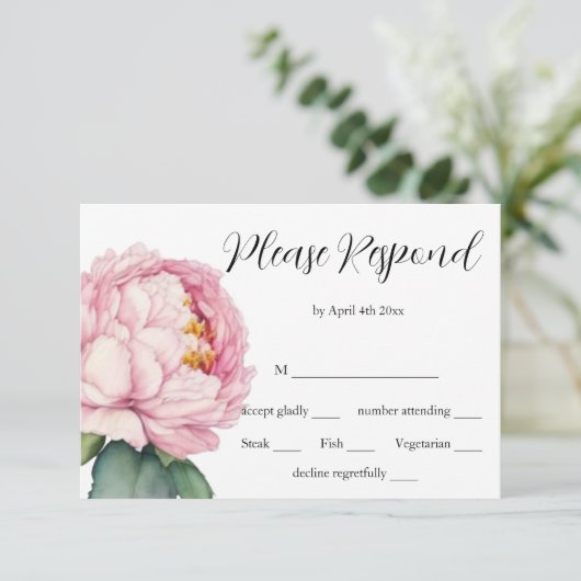 Waterverf roze bloemen roze pioenen rozen bruiloft RSVP kaartje (Staand voorkant)