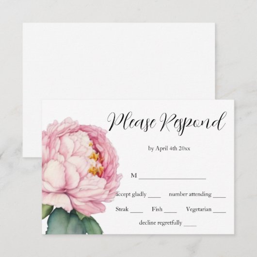 Waterverf roze bloemen roze pioenen rozen bruiloft RSVP kaartje (Voorkant / Achterkant)