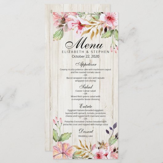 Waterverf Roze bloemen Rustisch hout Menu (Voorkant / Achterkant)