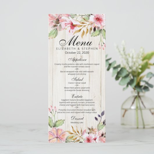 Waterverf Roze bloemen Rustisch hout Menu (Staand voorkant)