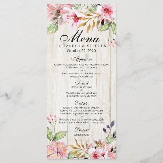 Waterverf Roze bloemen Rustisch hout Menu (Voorkant)