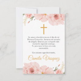 Waterverf Roze Bloemen Schattige Eerste Communie Bedankkaart