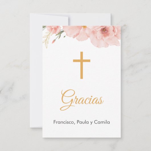 Waterverf Roze Bloemen Schattige Eerste Communie Bedankkaart (Achterkant)