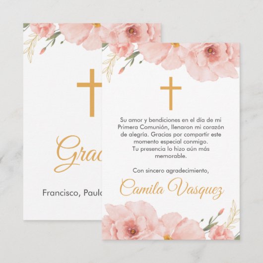 Waterverf Roze Bloemen Schattige Eerste Communie Bedankkaart (Voorkant / Achterkant)