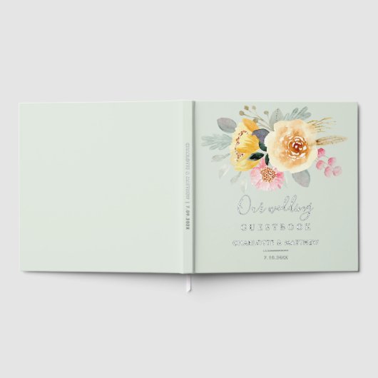 Waterverf Roze Bloemen Script Huwelijk Zilver Gastenboek (Volledig)
