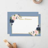 Waterverf Roze Bloemen Stoffig Blauw - Kies maat - Notitiekaartje (Voorkant / Achterkant in situ)