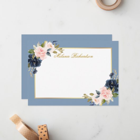 Waterverf Roze Bloemen Stoffig Blauw - Kies maat - Notitiekaartje (Voorkant / Achterkant in situ)