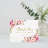Waterverf Roze Bloemen Trouwgoud Dank u Briefkaart (Staand voorkant)