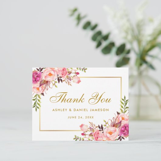 Waterverf Roze Bloemen Trouwgoud Dank u Briefkaart (Staand voorkant)