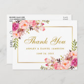 Waterverf Roze Bloemen Trouwgoud Dank u Briefkaart (Voorkant / Achterkant)