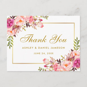 Waterverf Roze Bloemen Trouwgoud Dank u Briefkaart