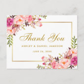Waterverf Roze Bloemen Trouwgoud Dank u Briefkaart (Voorkant)