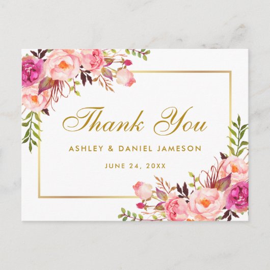 Waterverf Roze Bloemen Trouwgoud Dank u Briefkaart (Voorkant)
