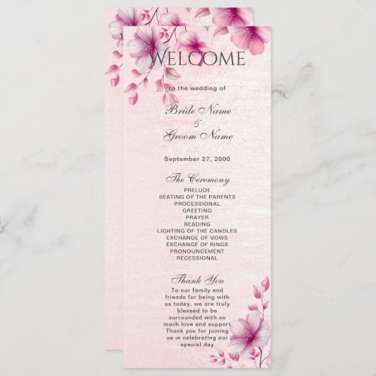 Waterverf Roze Bloemen Trouwprogramma Programmakaart (Voorkant / Achterkant)