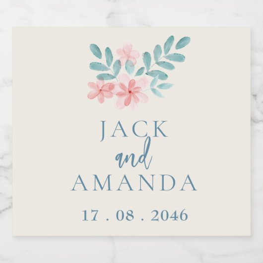 Waterverf Roze Bloemen Trouwwijn Fles Label Sparkling Wijnetiket (Enkel label)