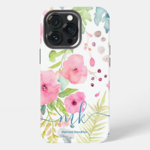 Waterverf Roze Bloemen Varens Weide Monogram Naam iPhone 13 Pro Hoesje