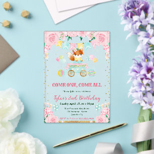 Waterverf Roze Bloemen Vos Kids Verjaardag Acryl Uitnodigingen