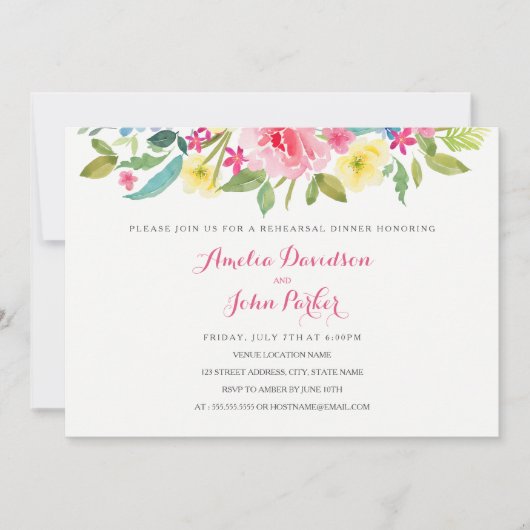 Waterverf Roze Bloemen Wedding Repetitie Diner Kaart (Voorkant)