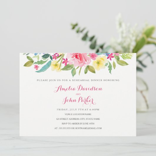 Waterverf Roze Bloemen Wedding Repetitie Diner Kaart (Staand voorkant)