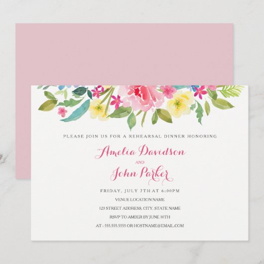 Waterverf Roze Bloemen Wedding Repetitie Diner Kaart (Voorkant / Achterkant)