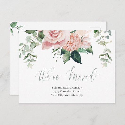 Waterverf Roze Bloemen We've Moved Aankondiging Briefkaart (Voorkant / Achterkant)
